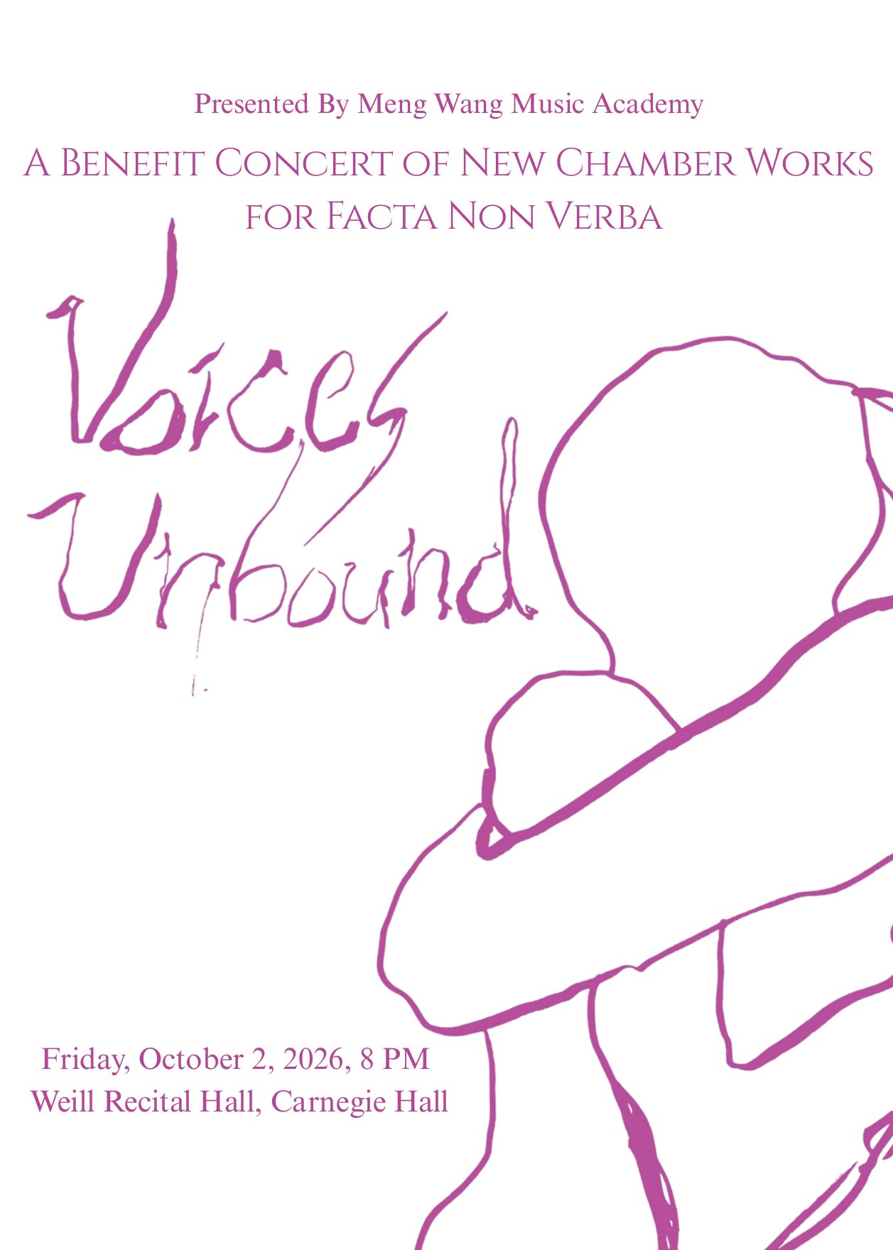 Voices Unbound concert program cover: hand-drawn figure in magenta line art