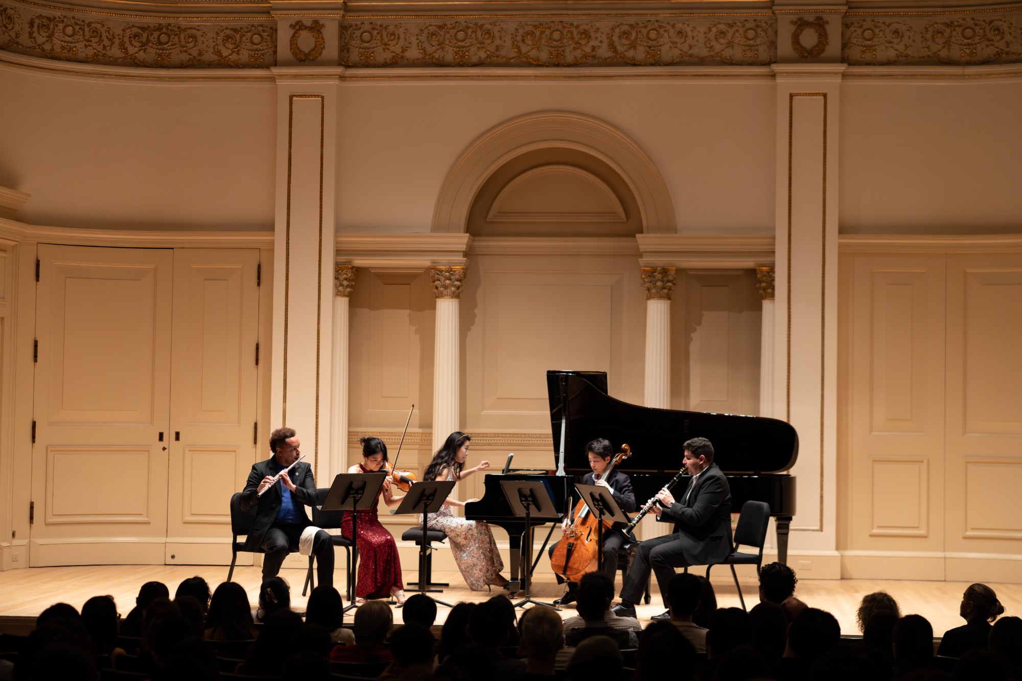 Flute, violin, piano, cello, and clarinet perform a new work at Weill Recital Hall, Carnegie Hall