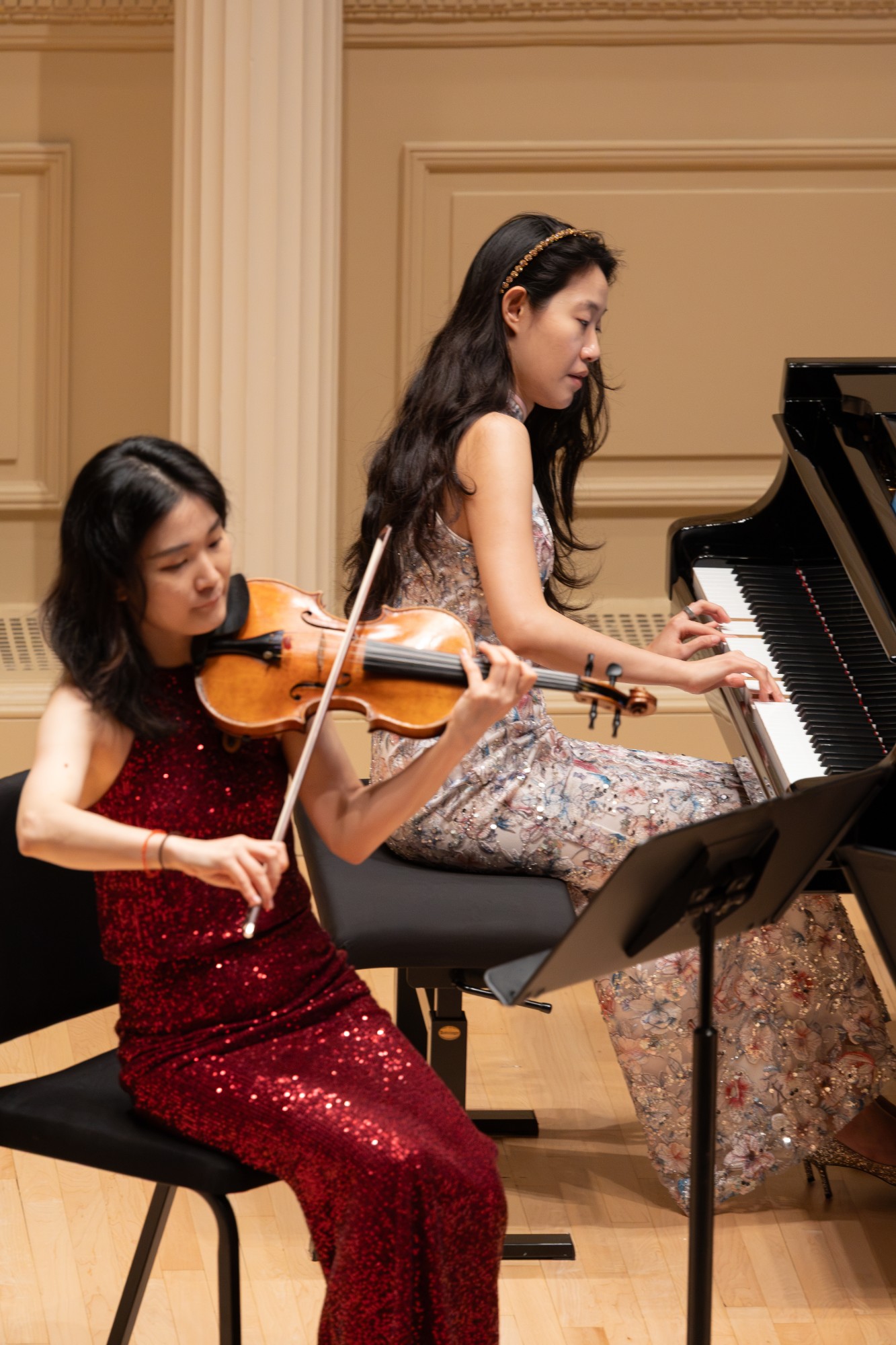 A violinist and pianist in performance at Weill Recital Hall